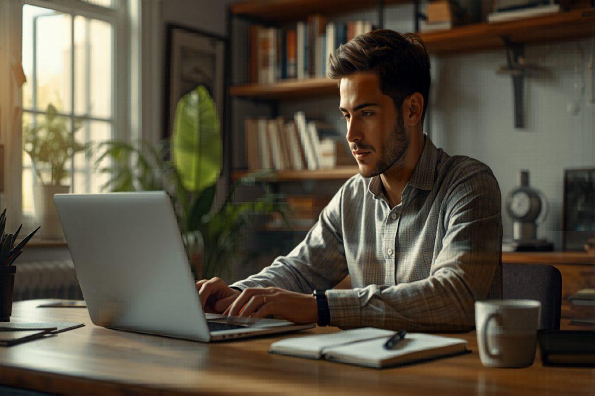 Small business owner at a wooden desk reviewing a finished custom software application on a laptop, with a coffee mug and notebook nearby in warm window light