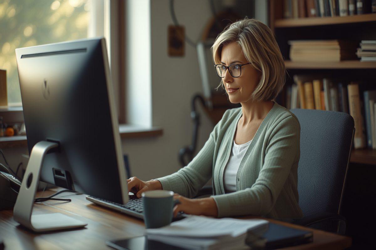 An office manager in a green cardigan and glasses working at a wooden desk in a small business office, typing at a large monitor beside a coffee mug and a stack of printed paperwork, with a bookshelf behind her and soft daylight from a window to her left