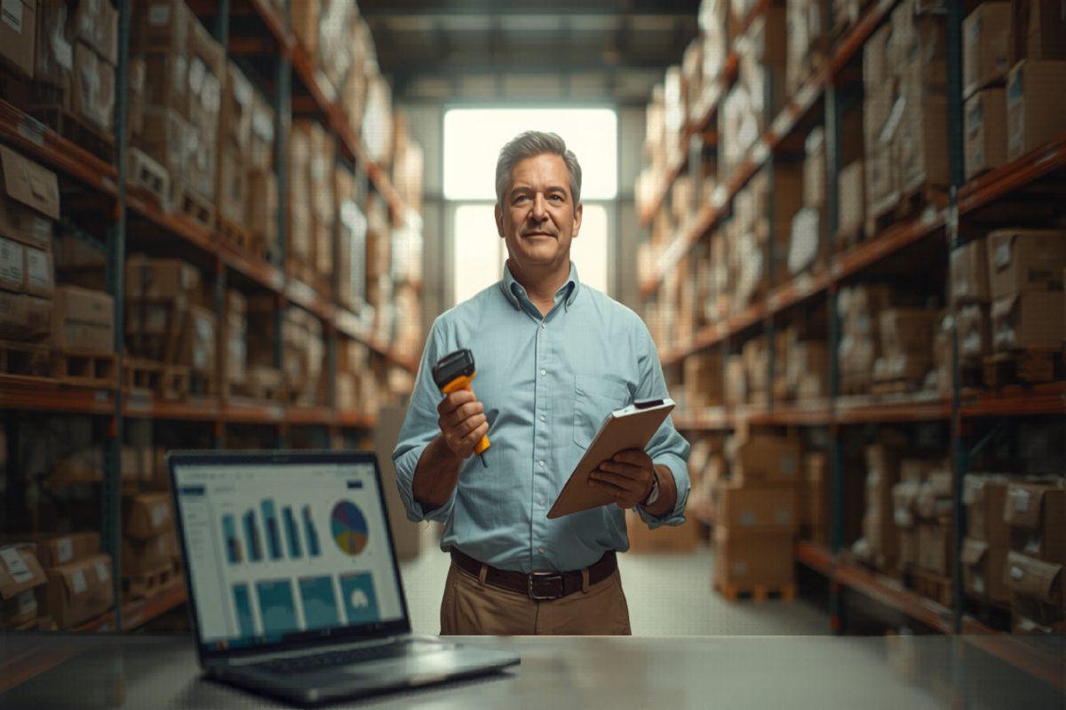 Small business warehouse manager holding a barcode scanner and clipboard in front of organized shelving with parts bins and boxes, laptop on workbench in foreground