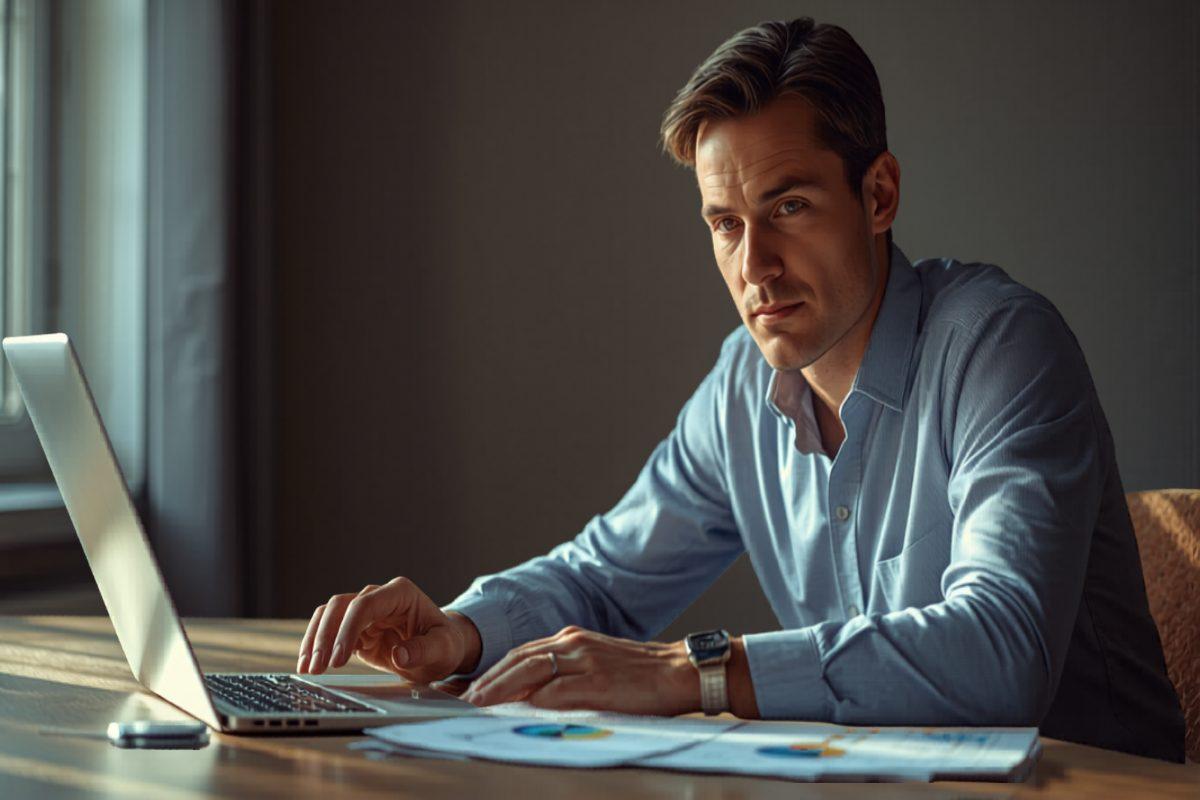 Business owner reviewing a custom analytics dashboard on a laptop at a desk with financial documents nearby
