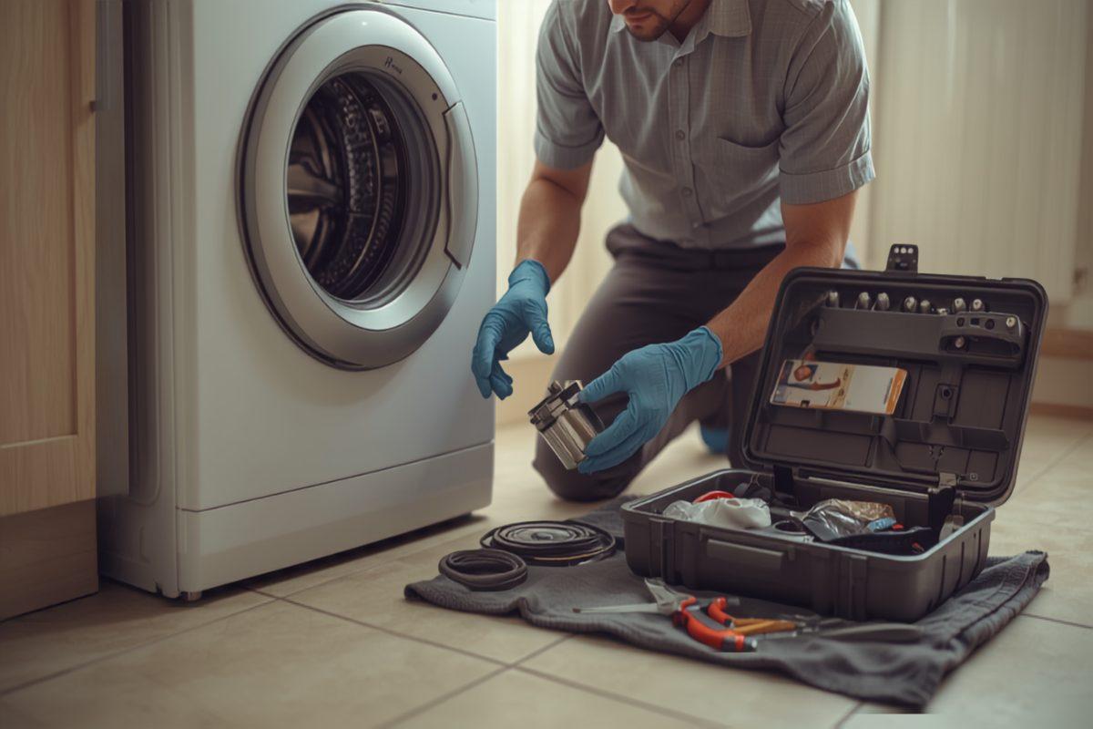 An appliance repair technician in a grey work shirt and blue gloves kneeling on a tile floor beside a white front-load washing machine, holding a replacement drain pump with an open parts case and hand tools laid out on a towel beside him