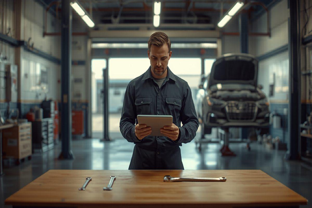 Mechanic in dark work clothes at a clean shop workbench reviewing a digital service ticket on a tablet, with a sedan up on a hydraulic lift in the background and a rolling red toolbox beside the bench