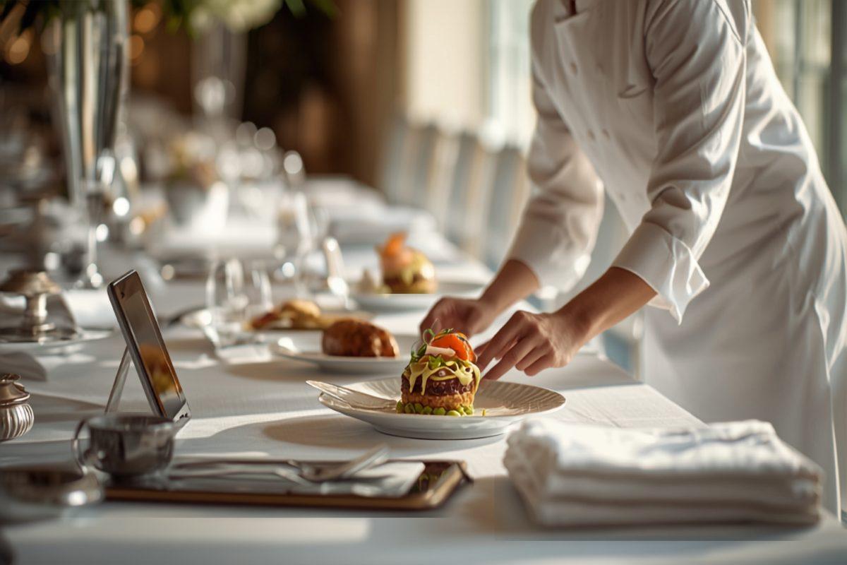 A catering chef in a white coat plating an elegant dish on a long banquet table set with glassware and linens inside an event space, with a tablet and a stack of printed event orders nearby in warm window light
