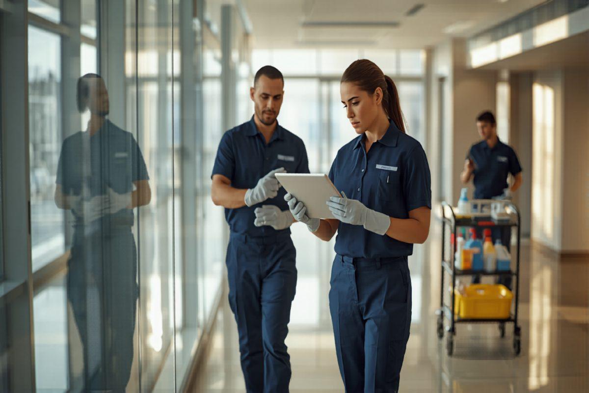 Commercial cleaning crew in matching uniforms working inside a modern office lobby — one team member checking a tablet showing a cleaning route schedule while another wipes down a glass partition with a microfiber cloth