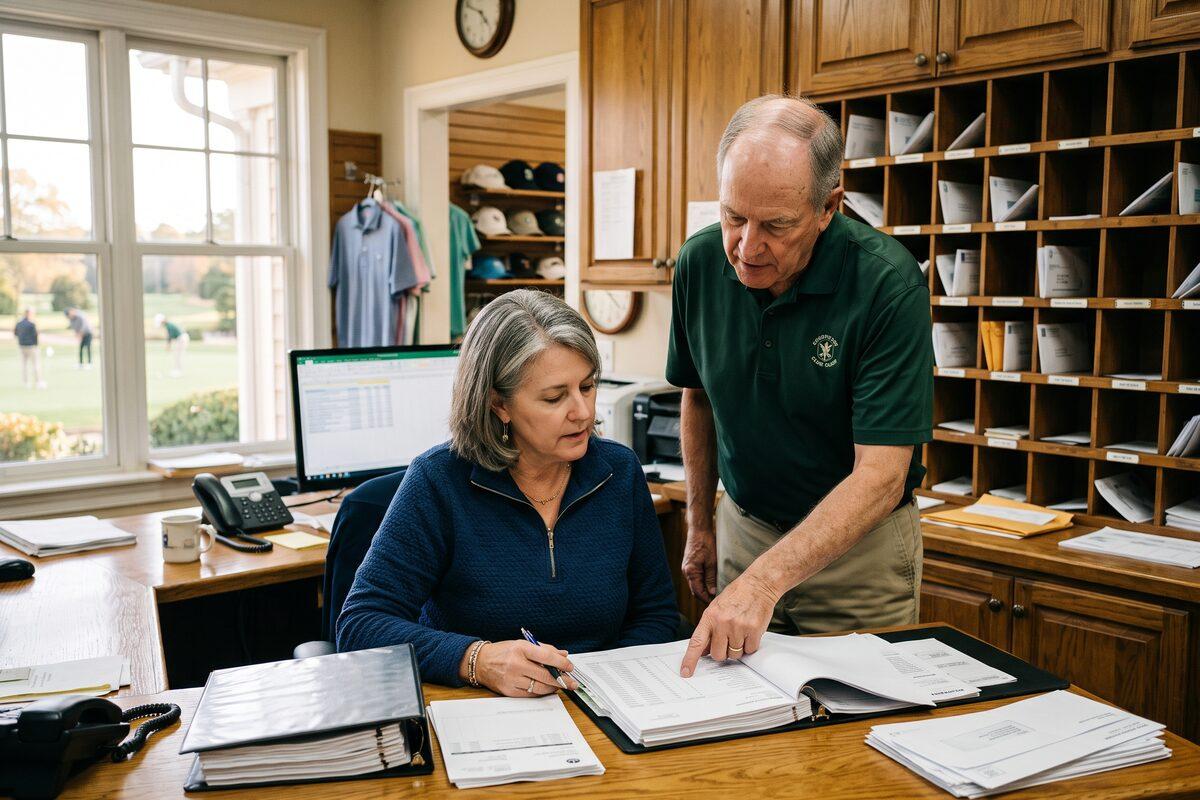 A woman in a blue quarter-zip sweater seated at a desk in a country club membership office reviewing a binder of printed member statements while an older man in a dark green club polo stands beside her pointing at a page, with wooden member mail slots behind them and a putting green visible through the window