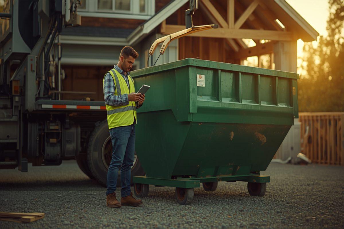 A roll-off driver in a high-visibility vest checking a tablet beside a green open-top dumpster he has just set on a residential construction site driveway, his truck behind him