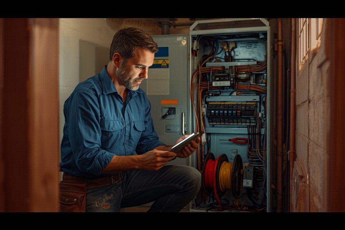 Master electrician kneeling beside an open residential electrical panel with a tablet showing a digital work order, conduit and labeled breakers visible