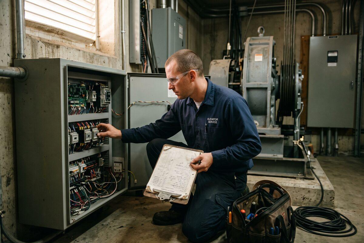 An elevator service technician in a navy work shirt and safety glasses kneeling beside an open elevator controller cabinet in a building machine room, one hand on a relay panel and a worn paper inspection checklist on a clipboard in the other, with a tool bag and coiled cable on the concrete floor beside him