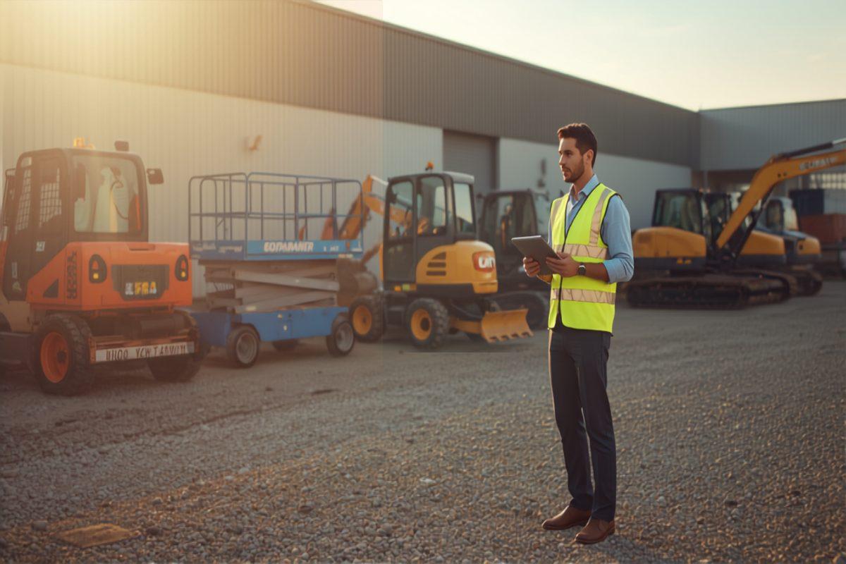 A rental yard with skid steers, scissor lifts, and compactors lined up under warm afternoon light, with a yard manager holding a tablet checking a machine back in