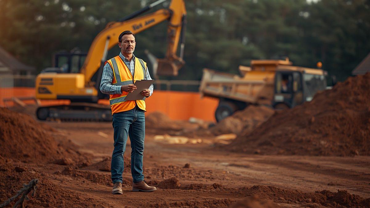 An excavation contractor in a high-visibility orange vest and jeans standing on graded red clay at a residential site work job, holding a clipboard, with a yellow tracked excavator, a dump truck, stockpiled dirt, and orange silt fence along the tree line behind him