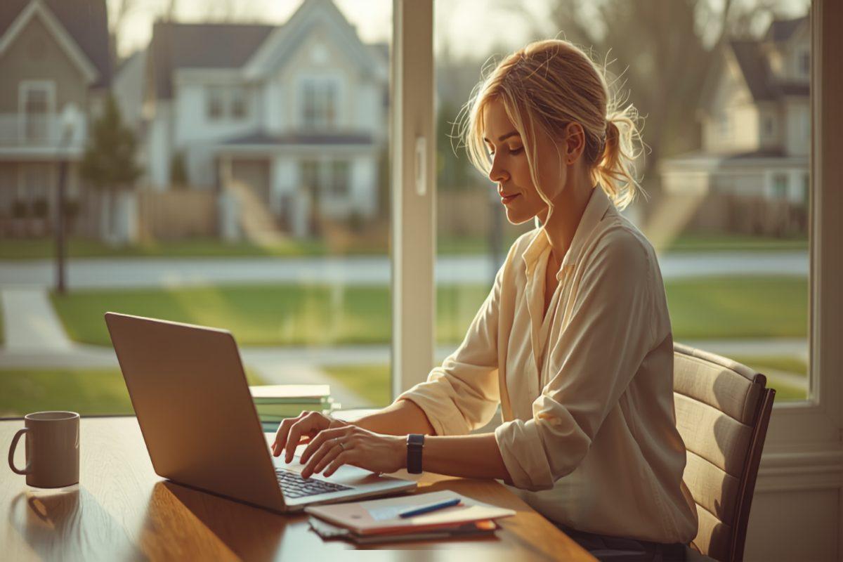 A community association manager reviewing documents on a laptop at a desk, with a residential neighborhood of single-family homes visible through a sunlit window behind them