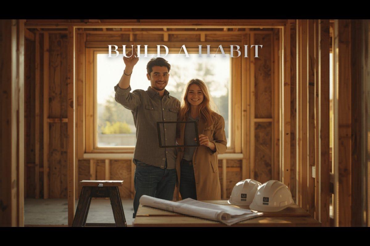 A residential home builder in a sunlit, partially framed new house showing a young couple a build schedule on a tablet, with wood stud walls and rolled blueprints on a table behind them