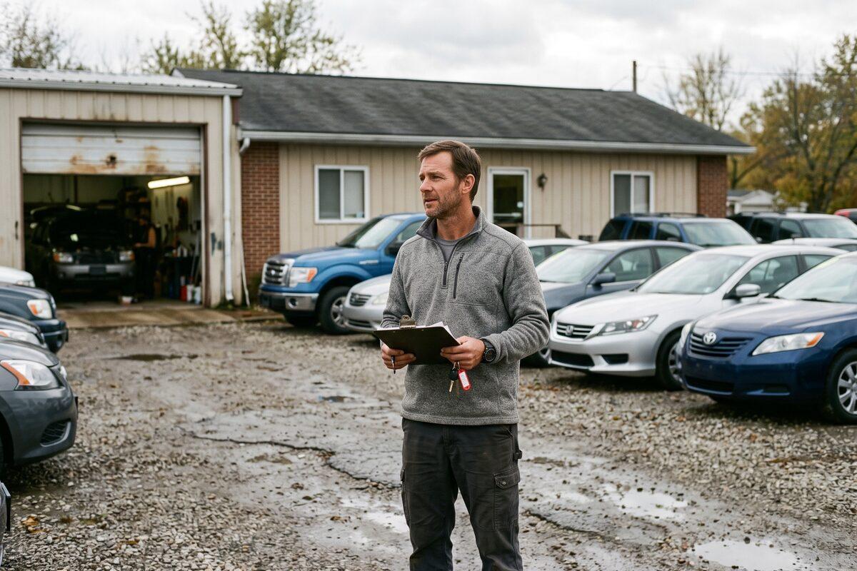 A man in a grey quarter-zip pullover standing on the gravel lot of a small independent used car dealership, holding a clipboard and a key tag, with rows of used sedans and pickup trucks, a single-story office building, and an open detail bay behind him