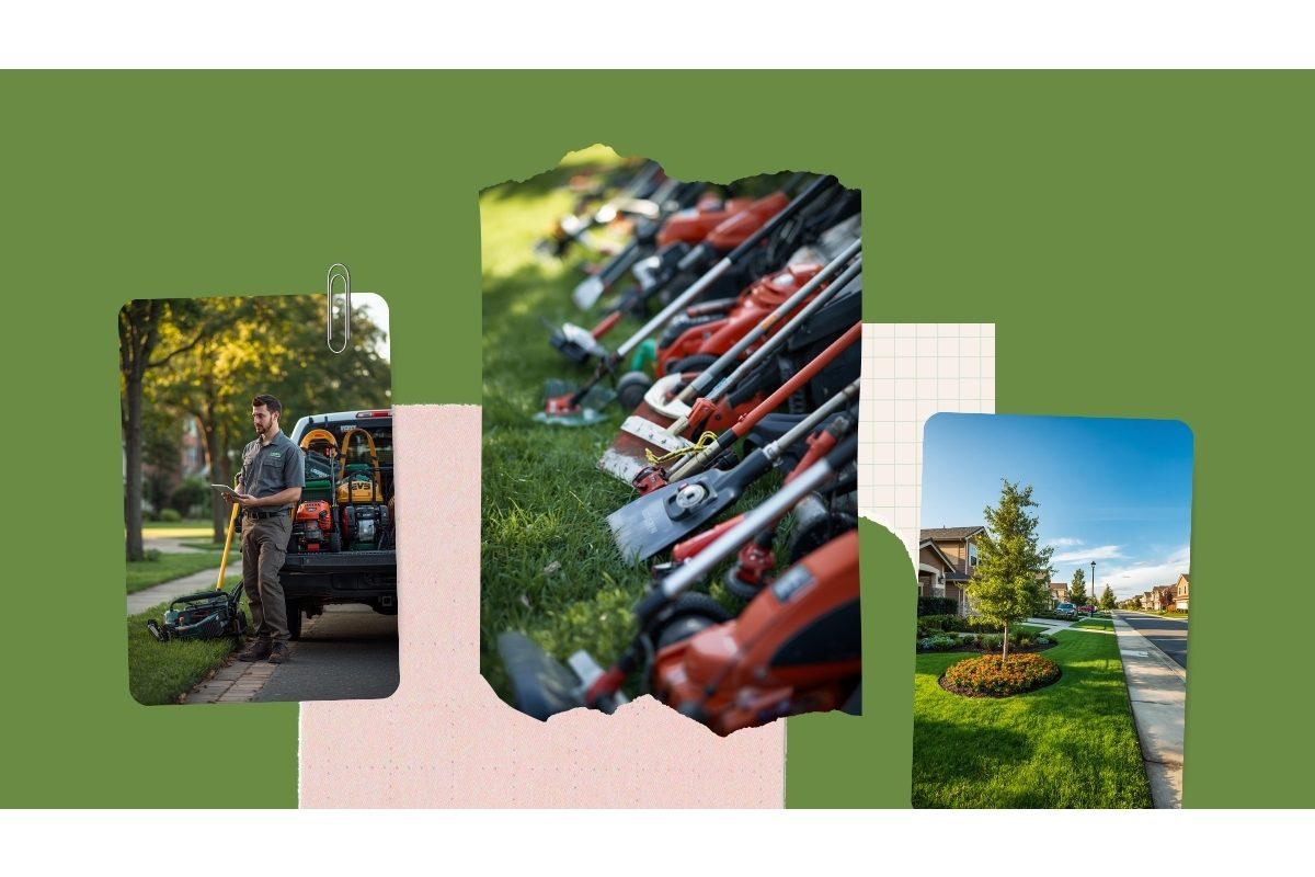 Landscaping crew foreman reviewing the day's route on a tablet next to a parked work truck loaded with mowers