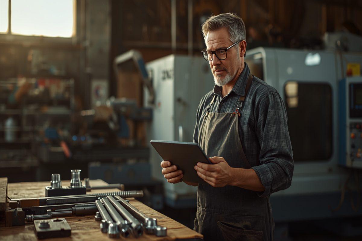 A machinist in a small metal fabrication shop reviewing a job traveler on a tablet next to a CNC mill, with steel stock and finished parts on a workbench in warm light from a high window