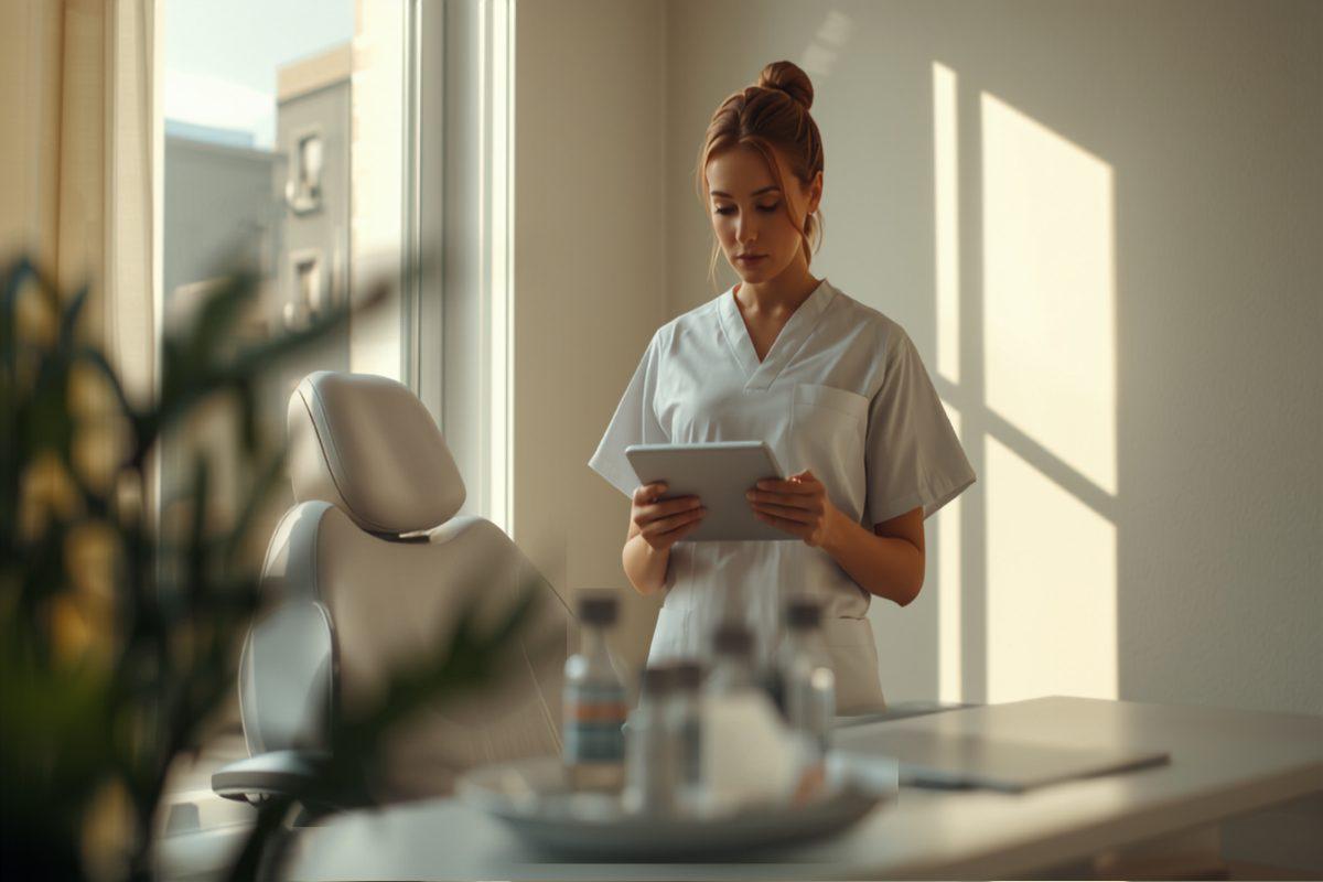 An aesthetic provider in a clean, modern med spa treatment room reviewing a patient's chart on a tablet beside a treatment chair and a tray of injectables