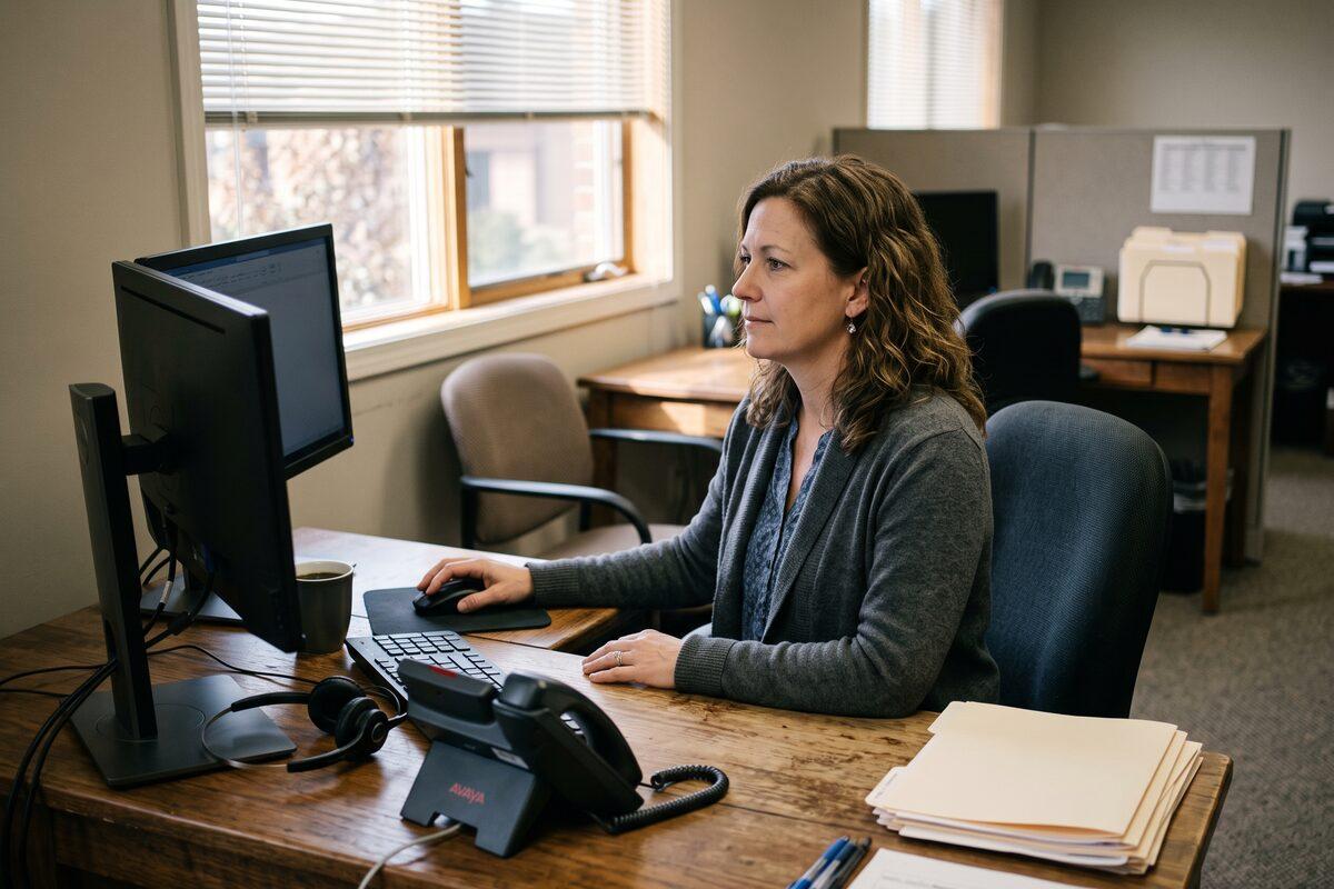 A woman in a grey cardigan working at a wooden desk in a small medical billing office, one hand on a computer mouse in front of two monitors, with a headset and a desk phone beside her and a stack of manila folders at the edge of the desk