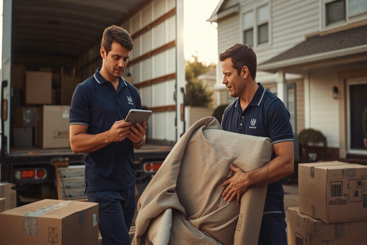 Two professional movers in matching uniform polos loading wrapped furniture and labeled boxes into a white moving truck in a residential driveway, one checking inventory on a tablet, early morning light