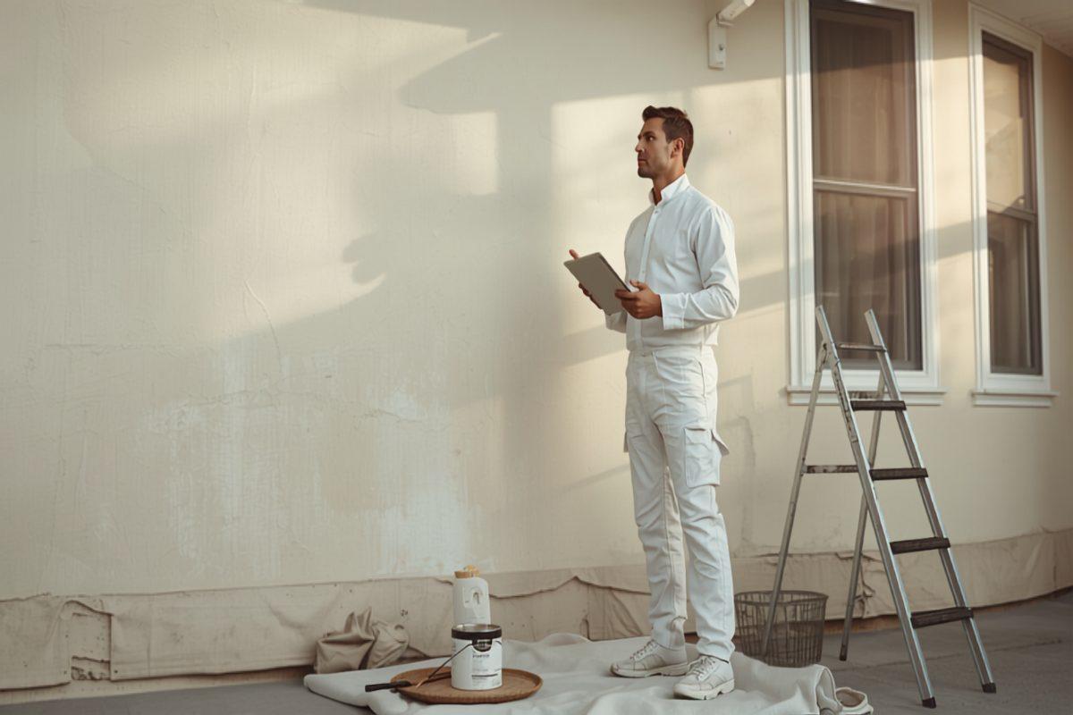 Professional house painter in white work clothes holding a tablet while inspecting a freshly painted exterior wall, with paint cans and a roller tray on a drop cloth and a ladder against the house in warm afternoon light