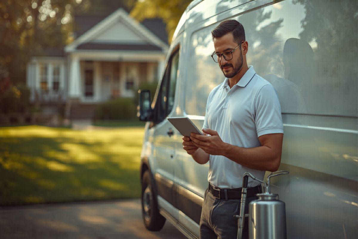 Pest control technician in a uniform polo standing beside a service van in a residential driveway, holding a tablet and a sprayer, reviewing the day's route under warm morning light