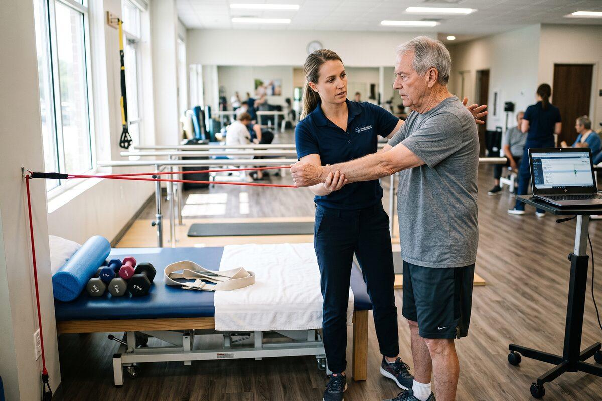 A physical therapist in a navy polo shirt guiding an older adult patient through a resistance band shoulder exercise in a bright outpatient rehab clinic gym, with a padded treatment table, hand weights, a foam roller, and a gait belt beside them and parallel bars in the background