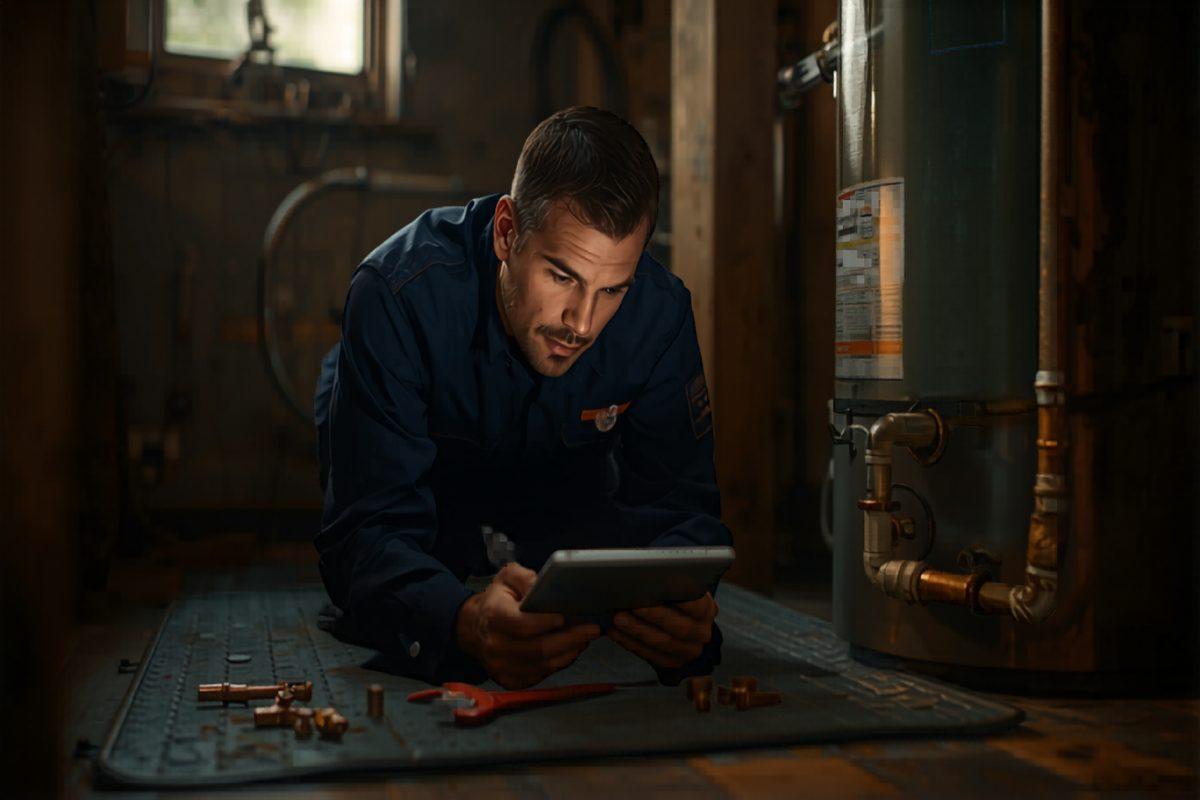 Plumbing technician kneeling beside a residential water heater with a tablet showing a service work order and copper fittings staged on a service mat