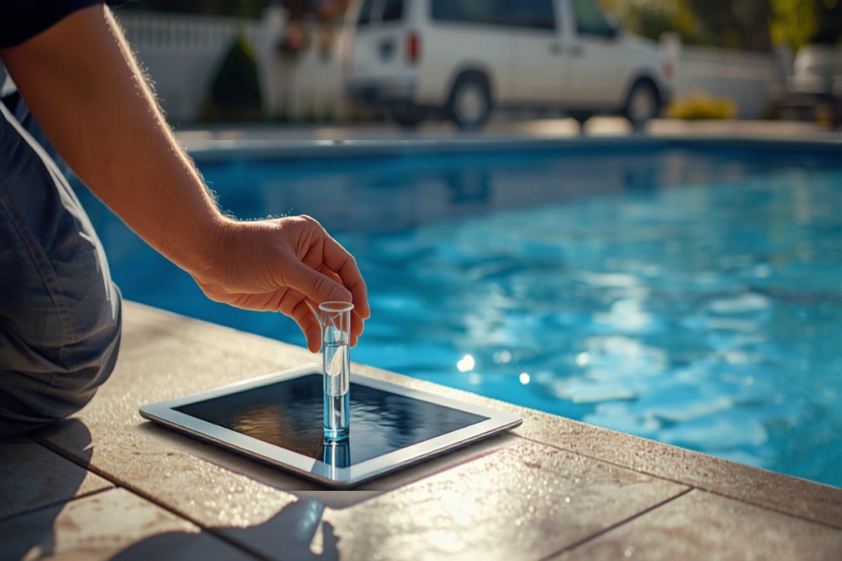 Pool service technician kneeling at the edge of a backyard swimming pool holding a water test kit and a tablet, with a service van visible in the driveway under warm afternoon light