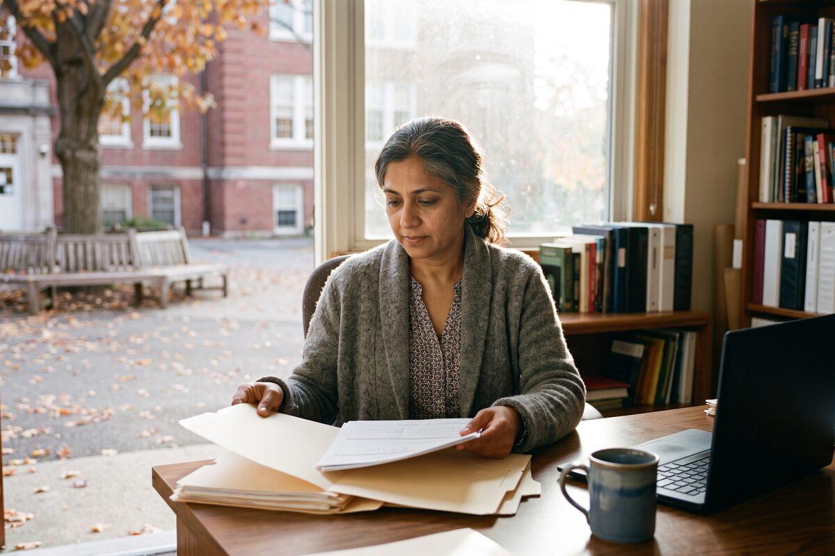 A private school business manager in a gray cardigan sitting at a wooden desk in an admissions office, sorting a stack of manila enrollment folders and paper forms beside a laptop and a coffee mug, with a brick school building and an autumn courtyard visible through the window behind her