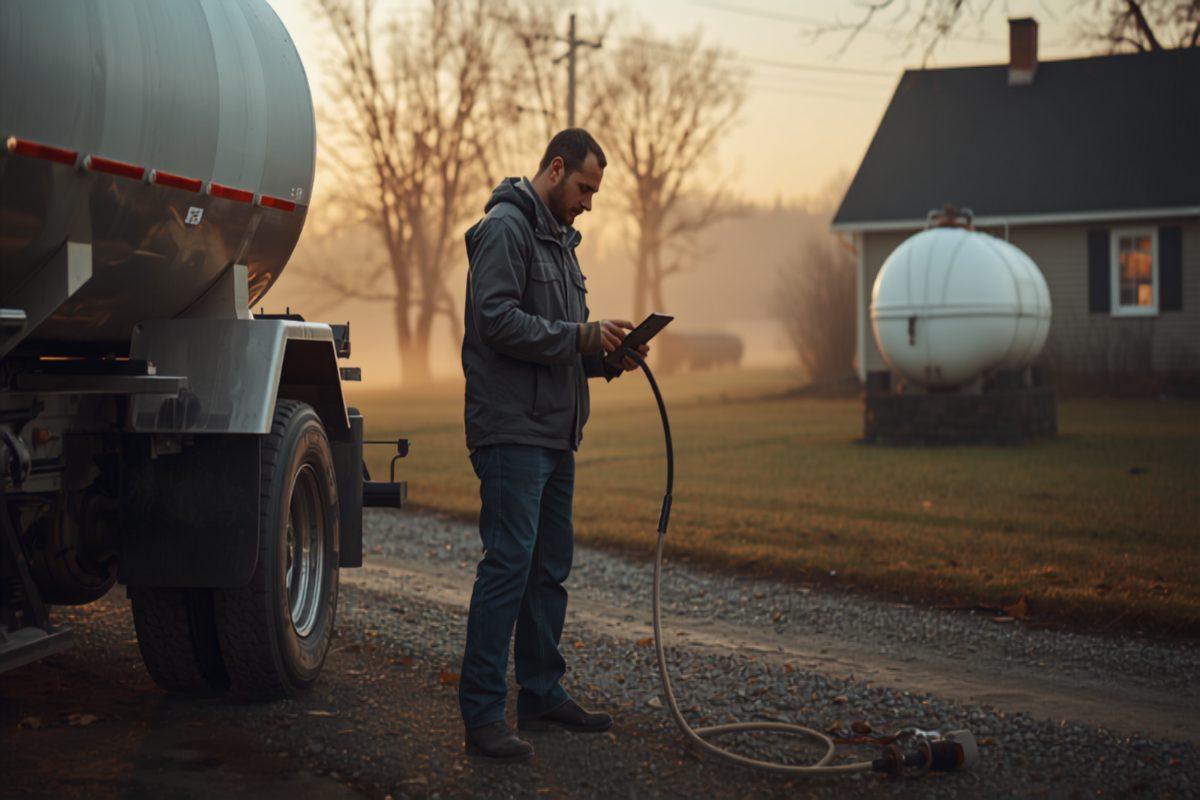 A propane delivery driver in a work jacket checking a handheld tablet beside his bobtail truck on a gravel rural driveway, a white residential propane tank sitting in the grass by a farmhouse in the morning fog behind him