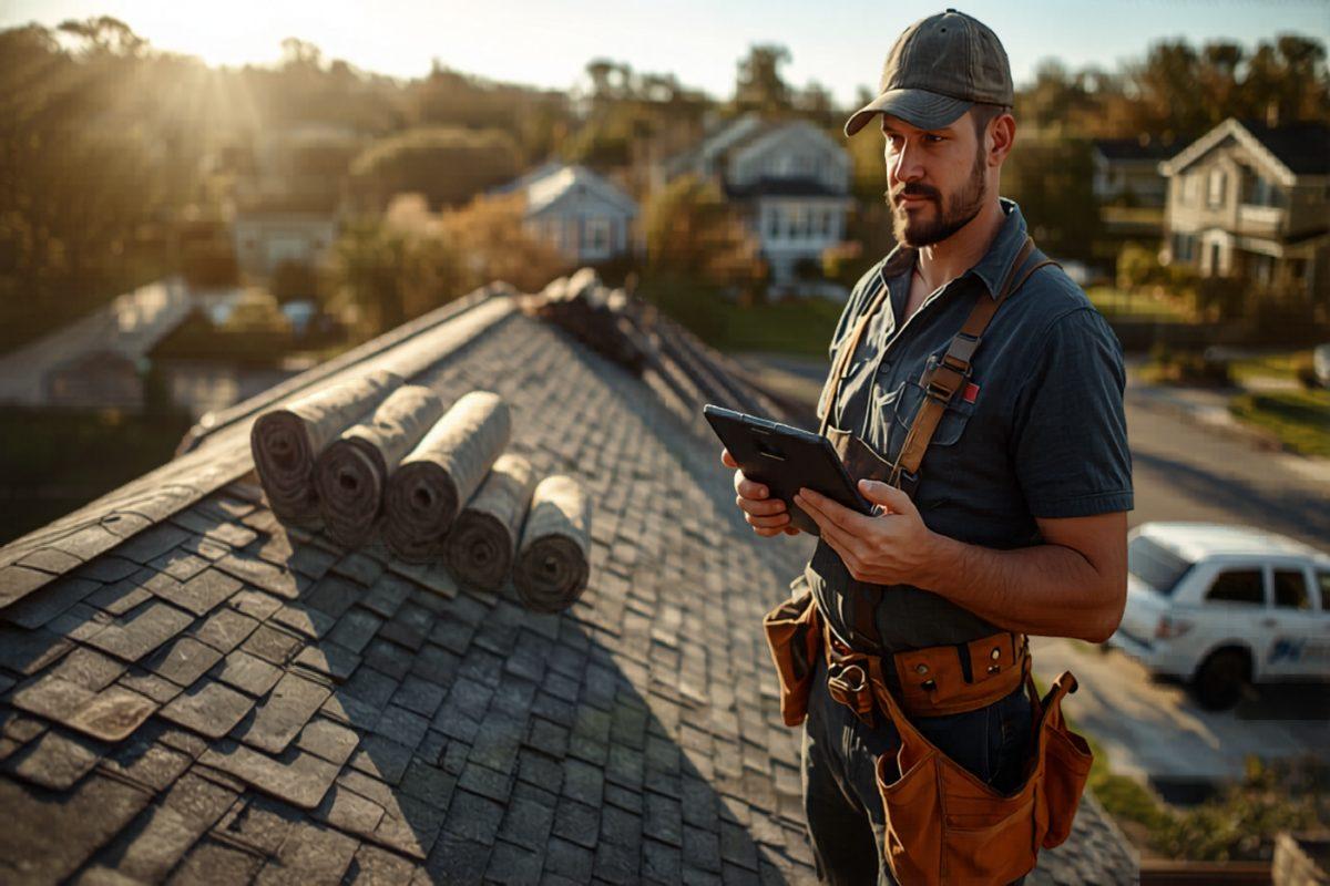 Roofing crew foreman on a residential roof reviewing a job board on a tablet with shingle bundles staged behind him
