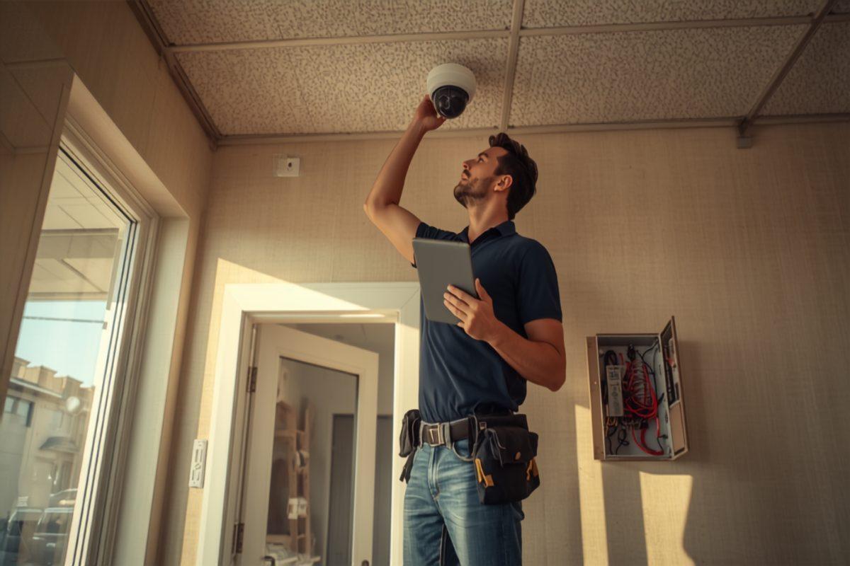 A security systems technician in a navy polo standing on a step ladder mounting a dome camera to the ceiling of a small commercial space, a tablet under his arm and an open alarm panel on the wall behind him
