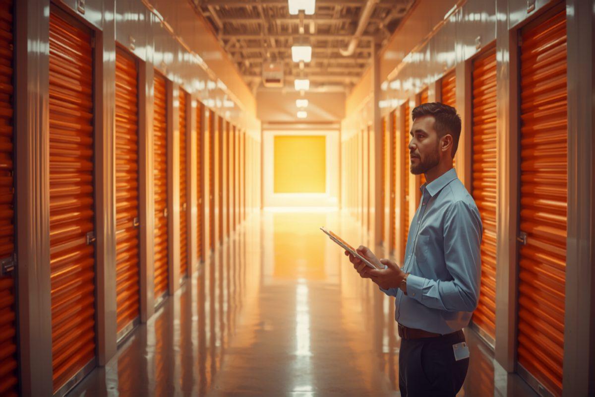 A clean row of orange roll-up self-storage unit doors along a wide indoor corridor, with a facility manager holding a tablet checking unit status under warm overhead light