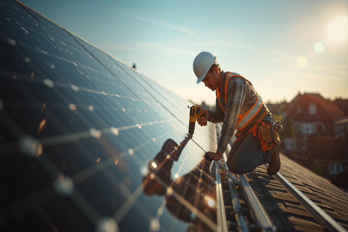A solar installer in a hard hat kneeling on a residential rooftop securing a photovoltaic panel in the bright morning sun, with a project manager checking a tablet on the ground below