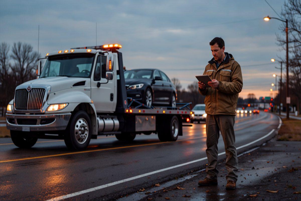 A tow truck operator standing on the shoulder of a wet road at dusk with a tablet in hand, a sedan winched onto the flatbed of his wrecker behind him