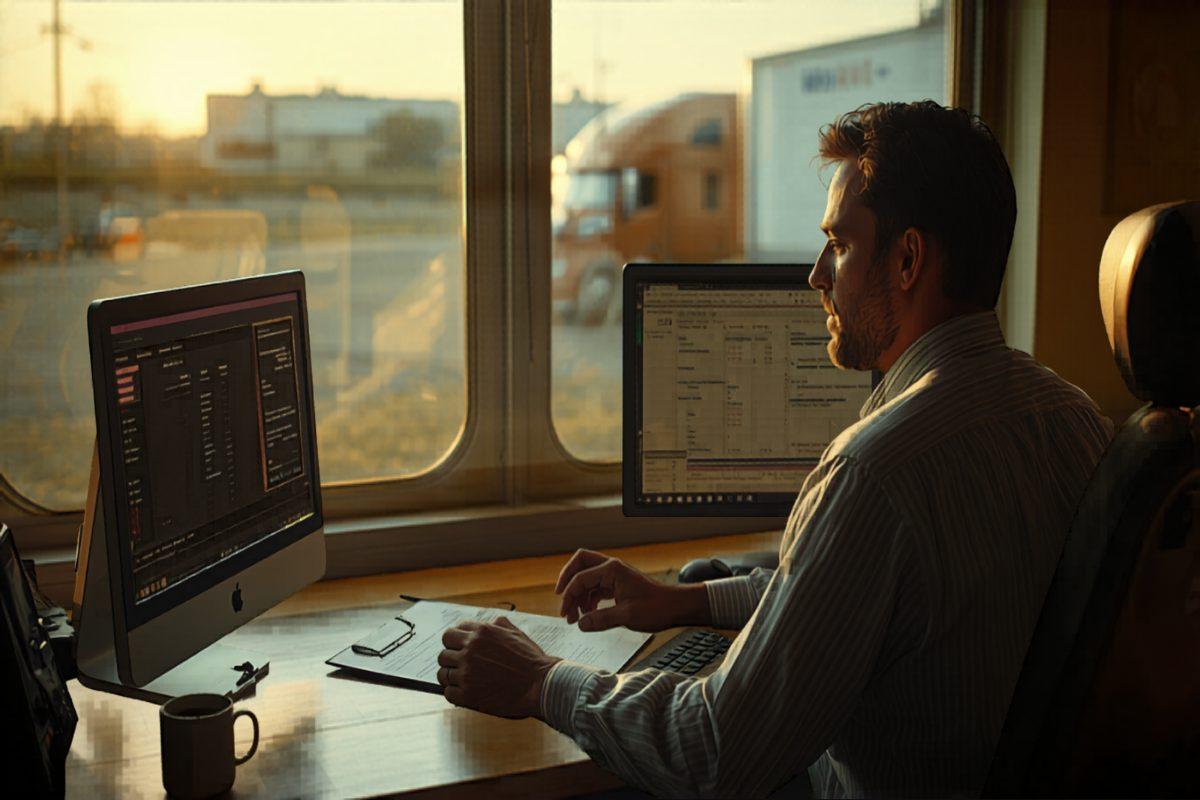A dispatcher at a desk in a small trucking office reviewing a load board on two monitors while a driver checks a phone app beside a parked semi-truck visible through the window, warm late-afternoon light