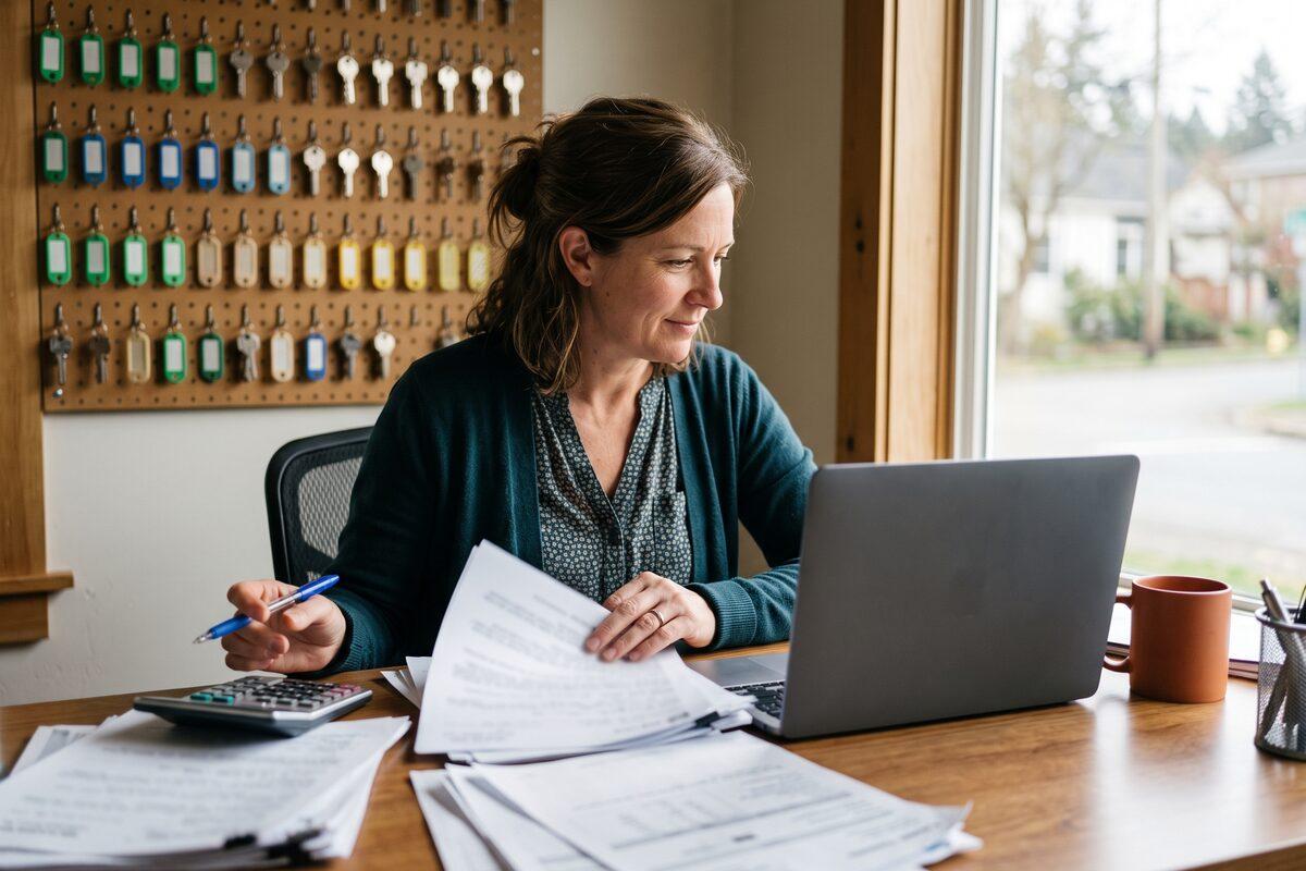 A vacation rental office manager at a wooden desk sorting printed payout reports and invoices beside a calculator and laptop, with rows of house keys on colored tags hanging on a pegboard behind her
