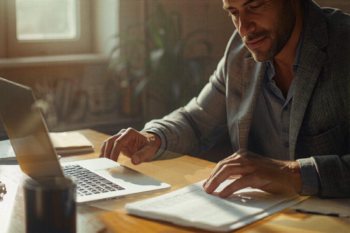 A business owner at a desk reviewing printed customer records and spreadsheets next to a laptop, preparing to move years of data into a new system