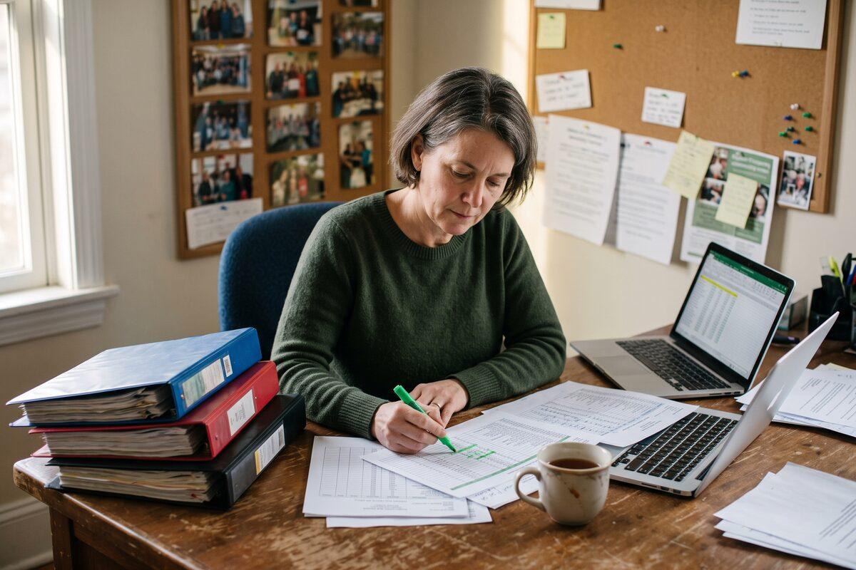 A nonprofit program director in a green sweater at a worn wooden desk, highlighting rows on printed spreadsheet pages beside a stack of thick binders, an open laptop, and a mug of tea, with a corkboard of community photos behind her
