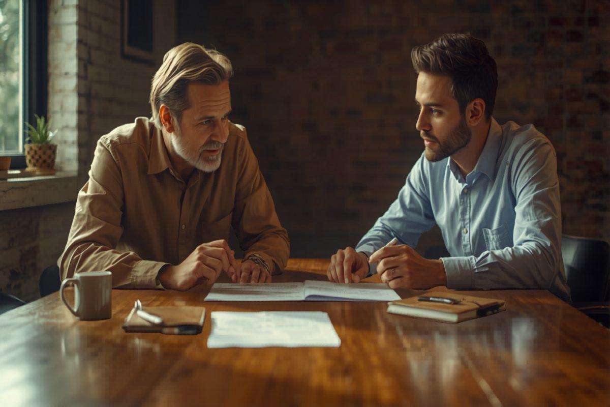 Small business owner reviewing a software proposal across a wooden table from a developer in warm window light
