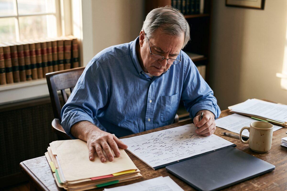 An attorney in a blue shirt and glasses at a wooden desk marking a handwritten paper calendar, one hand resting on a stack of tabbed manila case folders, with a coffee mug and closed laptop beside him