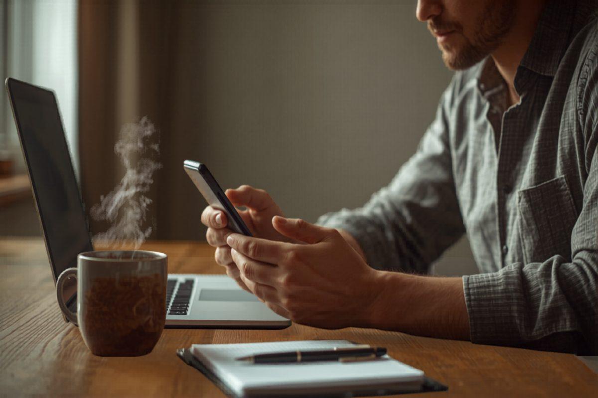 Business owner holding a smartphone in one hand and looking at a laptop on a desk, deciding between a mobile app and a web app