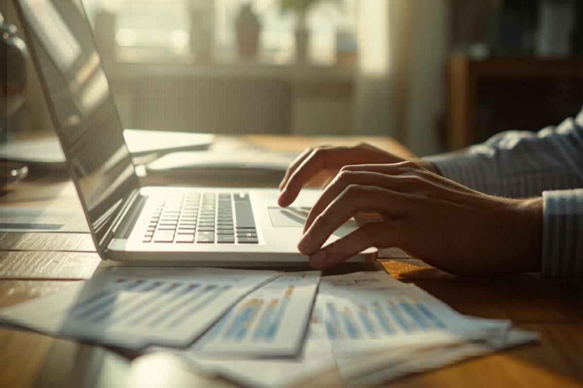 Business owner reviewing a cluttered spreadsheet on a laptop, surrounded by printed reports and sticky notes
