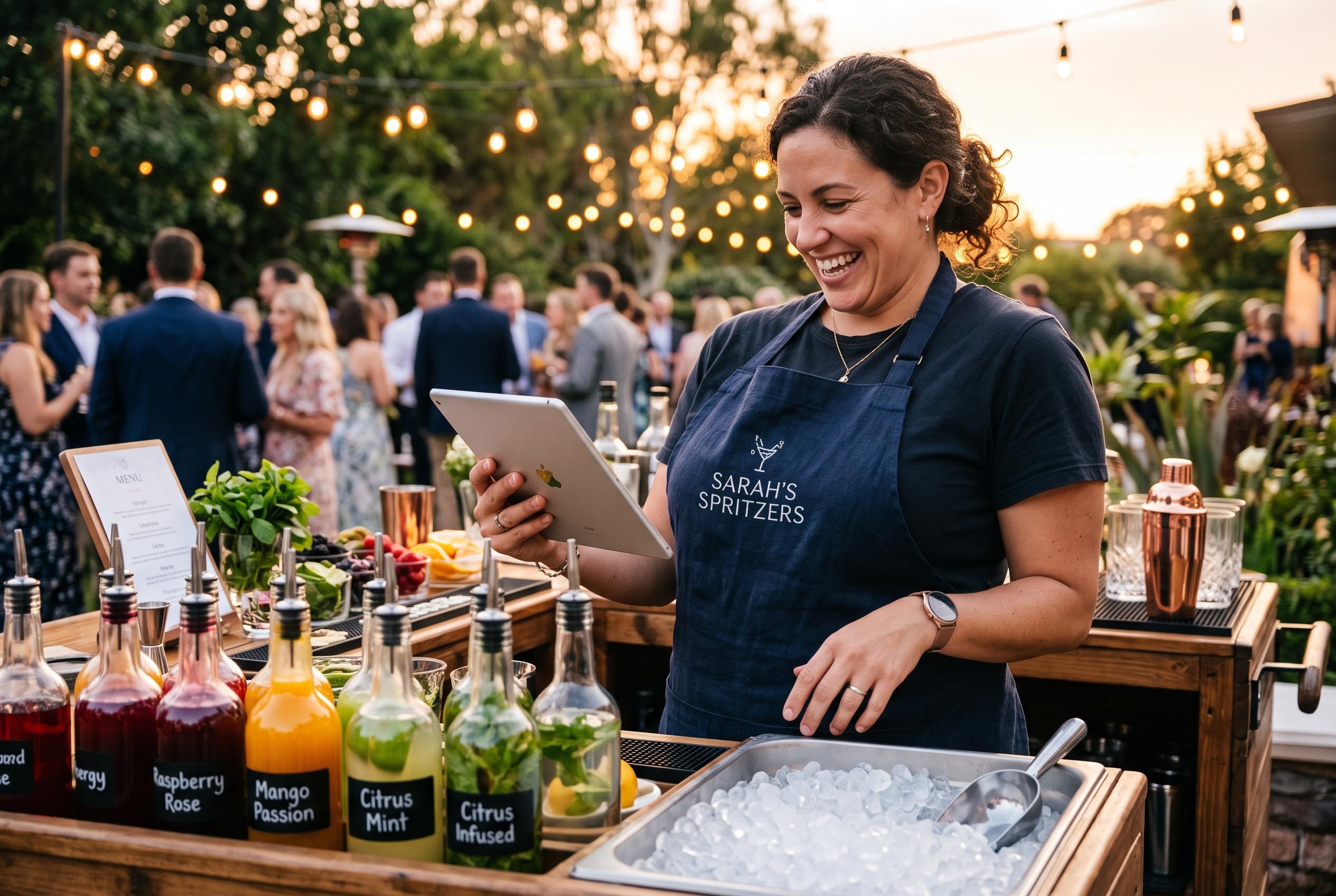 A catering staff member at an outdoor mobile beverage cart checking a tablet next to rows of labeled syrup bottles and a bin of ice, string lights overhead at golden hour