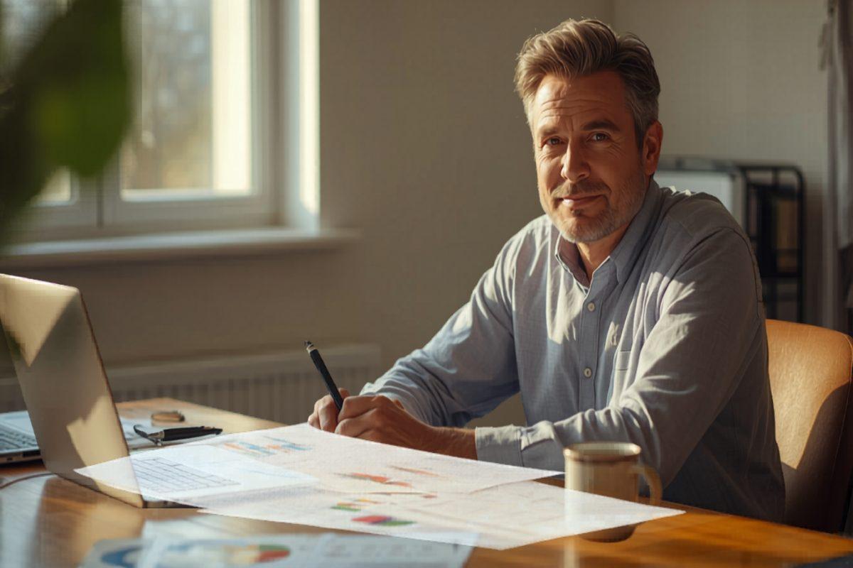 Small business owner at a desk reviewing financial documents and a laptop showing business metrics