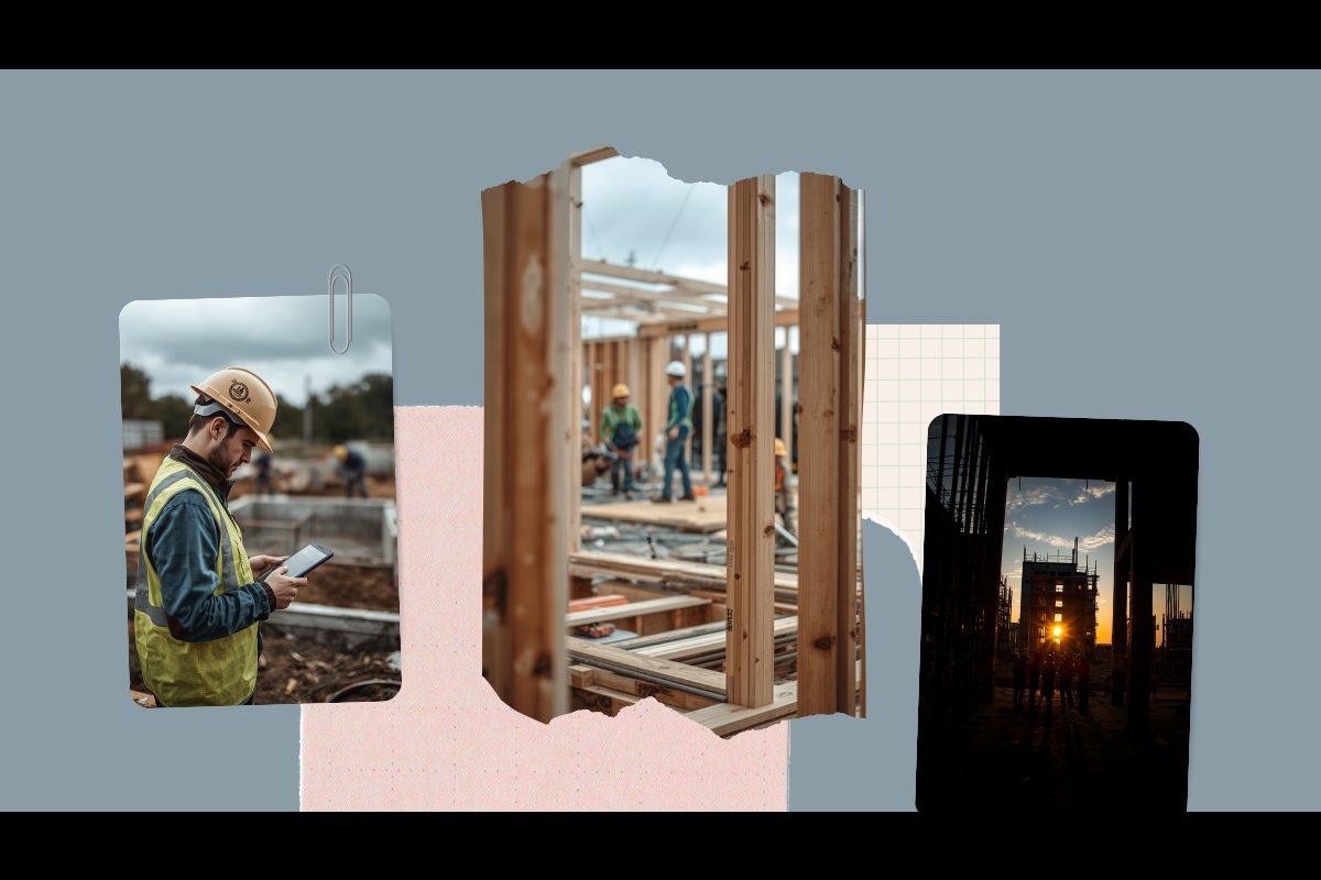 Construction foreman in a hard hat reviewing a tablet on a job site, tracking crew hours in the field