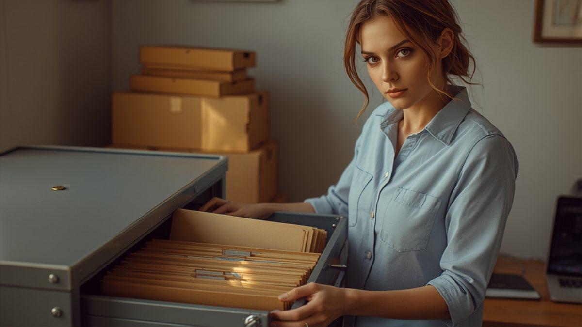 A woman in a light blue button-down shirt standing at an open metal filing cabinet drawer in a small business back office, lifting a manila folder from a packed row of files, with cardboard storage boxes stacked on a table behind her and a laptop on the desk to her right