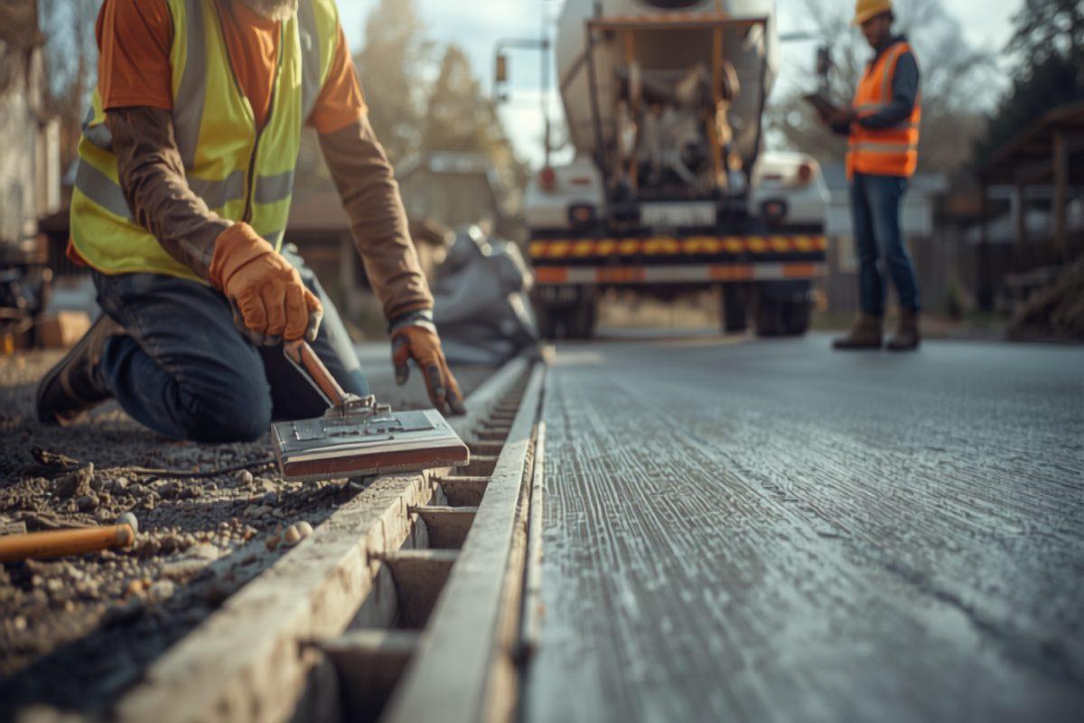 Concrete crew finishing a freshly poured driveway with a bull float and edger on a bright morning, a ready-mix truck chute in the background and a foreman checking a tablet, wet gray concrete spread across formed ground in warm light