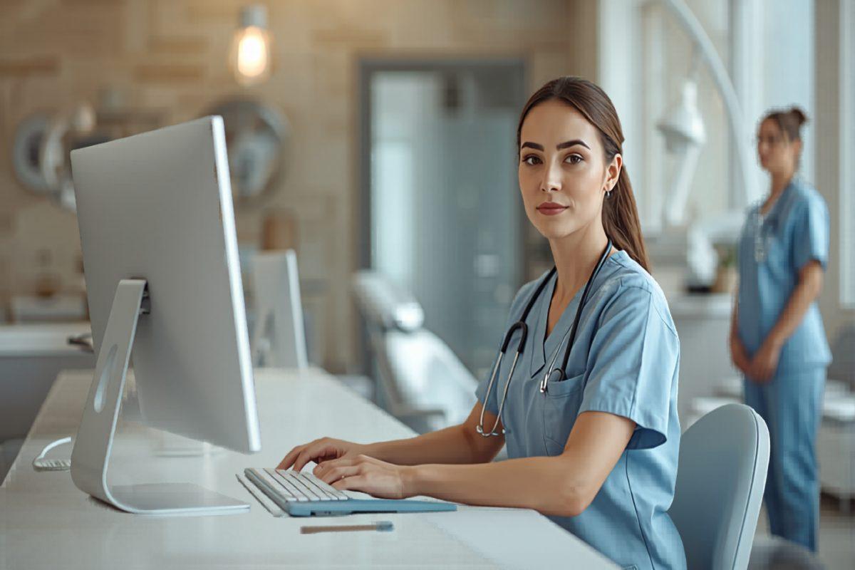 A dental office front desk coordinator in scrubs reviewing a patient schedule on a monitor, with a calm, well-lit reception area and a hygienist visible at a treatment chair in the background