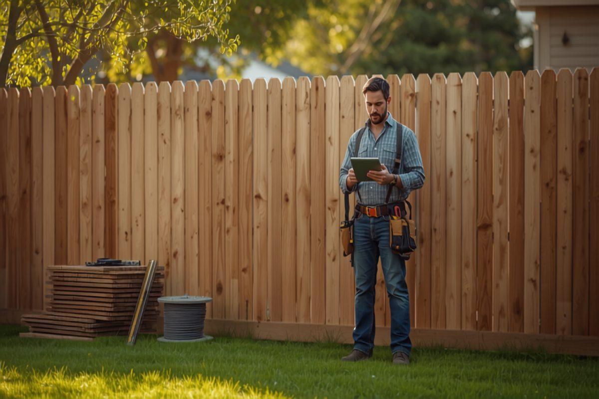 Fence installer in a work shirt and tool belt standing beside a newly built cedar privacy fence in a suburban backyard, holding a tablet, with a post-hole digger, a stack of fence pickets, and a level resting nearby in warm afternoon light