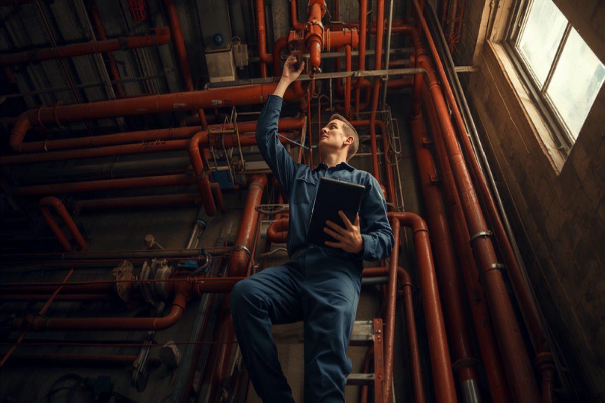 A fire protection technician in navy coveralls standing on a ladder in a mechanical room, reaching up to inspect a red sprinkler pipe assembly while holding a rugged tablet, surrounded by red riser piping and valves